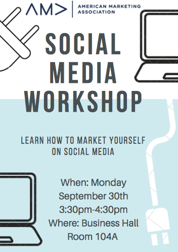 RowanAMA's tweet image. We have a social media workshop at 3:30pm-4:30pm in the business hall room 104A. Our e-board members will be giving you information on how to market yourself on social media, as well as how to market a company on social media. We hope to see you there!