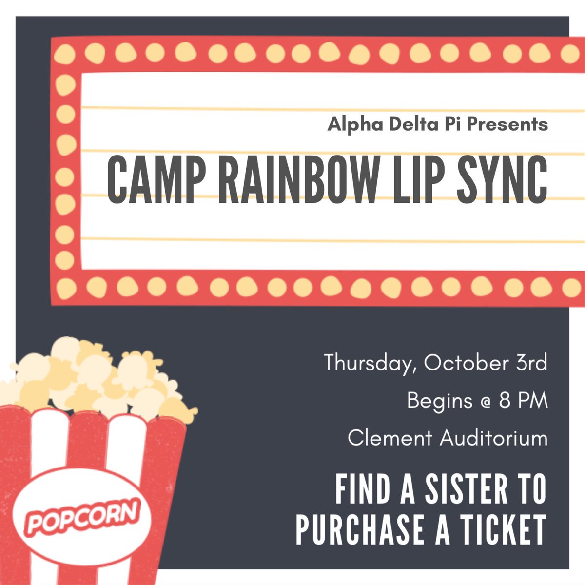 APSUADPi's tweet image. Lip Sync is THIS Thursday! We have penny wars happening every day this week! Stop by our table to get a ticket, order a shirt or buy some popcorn! 🍿🎬