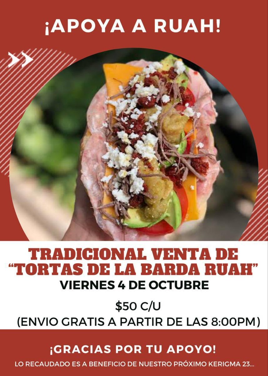 RUAHSJB's tweet photo. Apoya a RUAH, este Viernes 4 de Octubre, estaremos vendiendo sus tradicionales “Tortas de la Barda” a $50 (envió gratis, a partir de las 8:00pm). 

Lo recaudado será para el próximo retiro de jóvenes KERIGMA 23. APOYANOS 😍🙏🏼

¿Quieres? 🤩🤭 https://t.co/EZPrPEpkf9