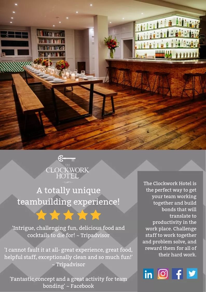 ClockworkHotel's tweet photo. Looking for a fun way to reward your team and get them working together? The Clockwork Hotel offers a number of daytime, evening and overnight packages perfect for company away days! Check us out at https://t.co/Av3DUVljVb https://t.co/6SuEfLccGG