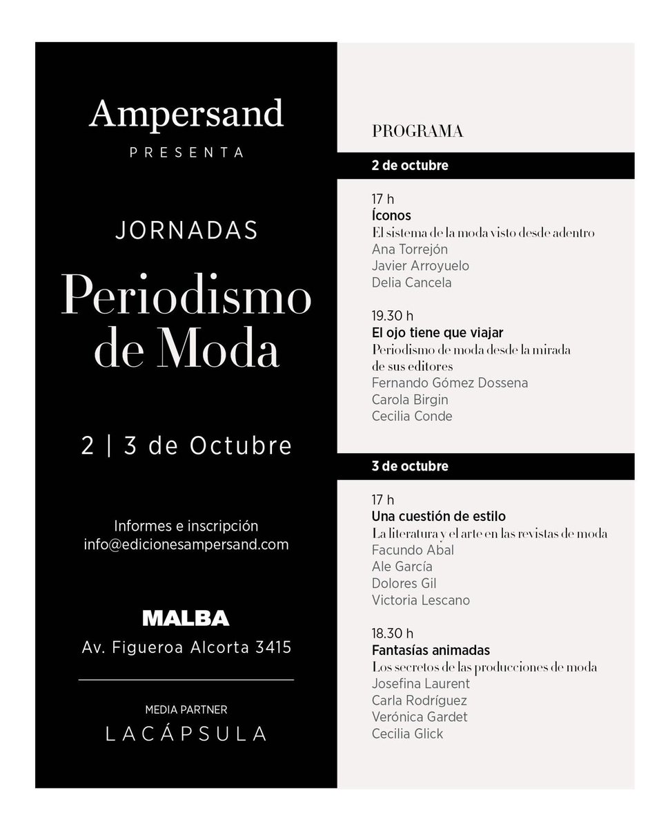 Cambiamos el horario de la segunda charla del segundo día para que todas las charlas puedan hacerse en el auditorio de ⁦<a href="/museomalba/">MALBA</a>⁩ y nadie se quede afuera. ⁦<a href="/Ampersand_ed/">EdicionesAmpersand</a>⁩