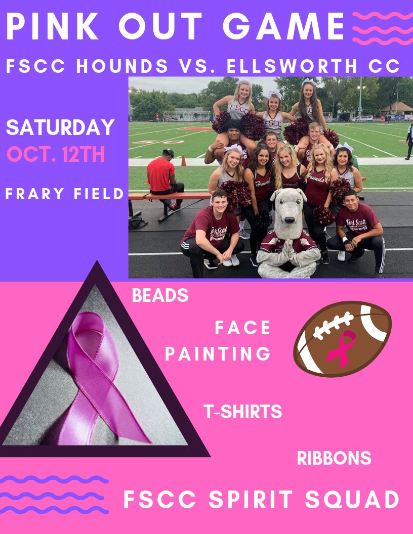 FSCC_SS's tweet image. Come out next Saturday and support your Greyhounds and Breast Cancer Awareness! 💖🐾💖🐾 Spread the word! We still have shirts for sale. Find a Coach or FSCC Spirit Squad member to get your order in by Friday! #PinkOut #Hounds100 

@FSCCFootball @FortScottCC