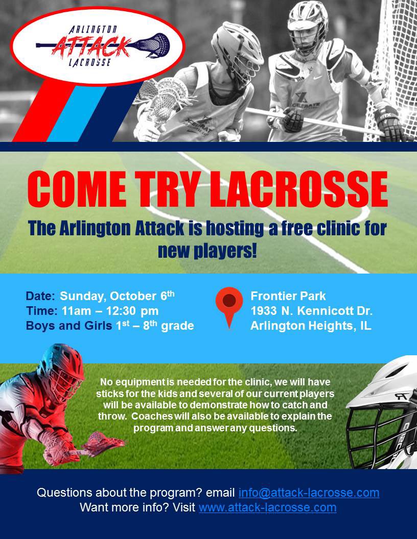 Try Lacrosse Clinic on Sunday 10/6 from 11 - 12:30pm.  Pass the word and encourage interested players from our community to stop by. #attacktheday