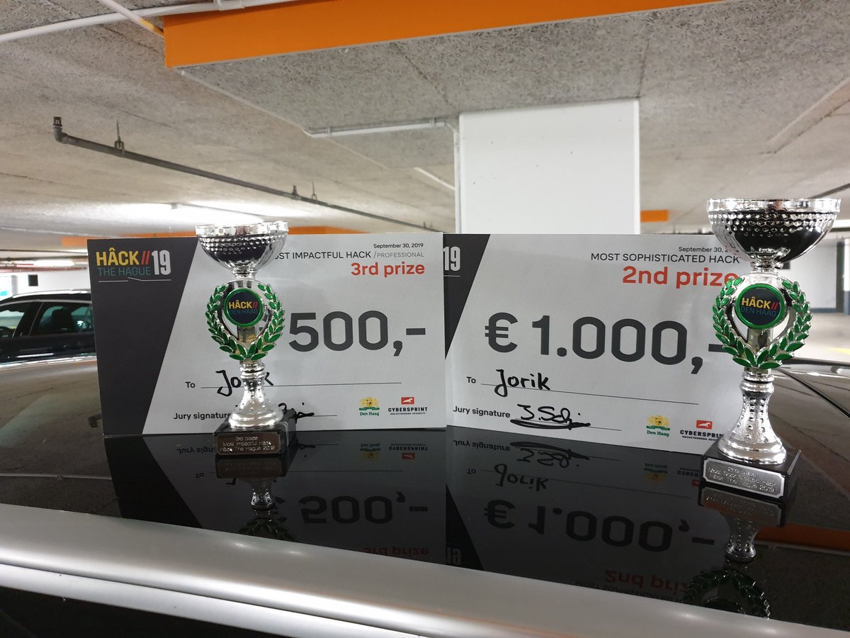 jorik90's tweet photo. Hack the Hague 2019: 3rd prize most impactful hack &amp; 2nd prize most sophisticated hack for team @erikdr and @jorik90 https://t.co/7yZUzg1oS7