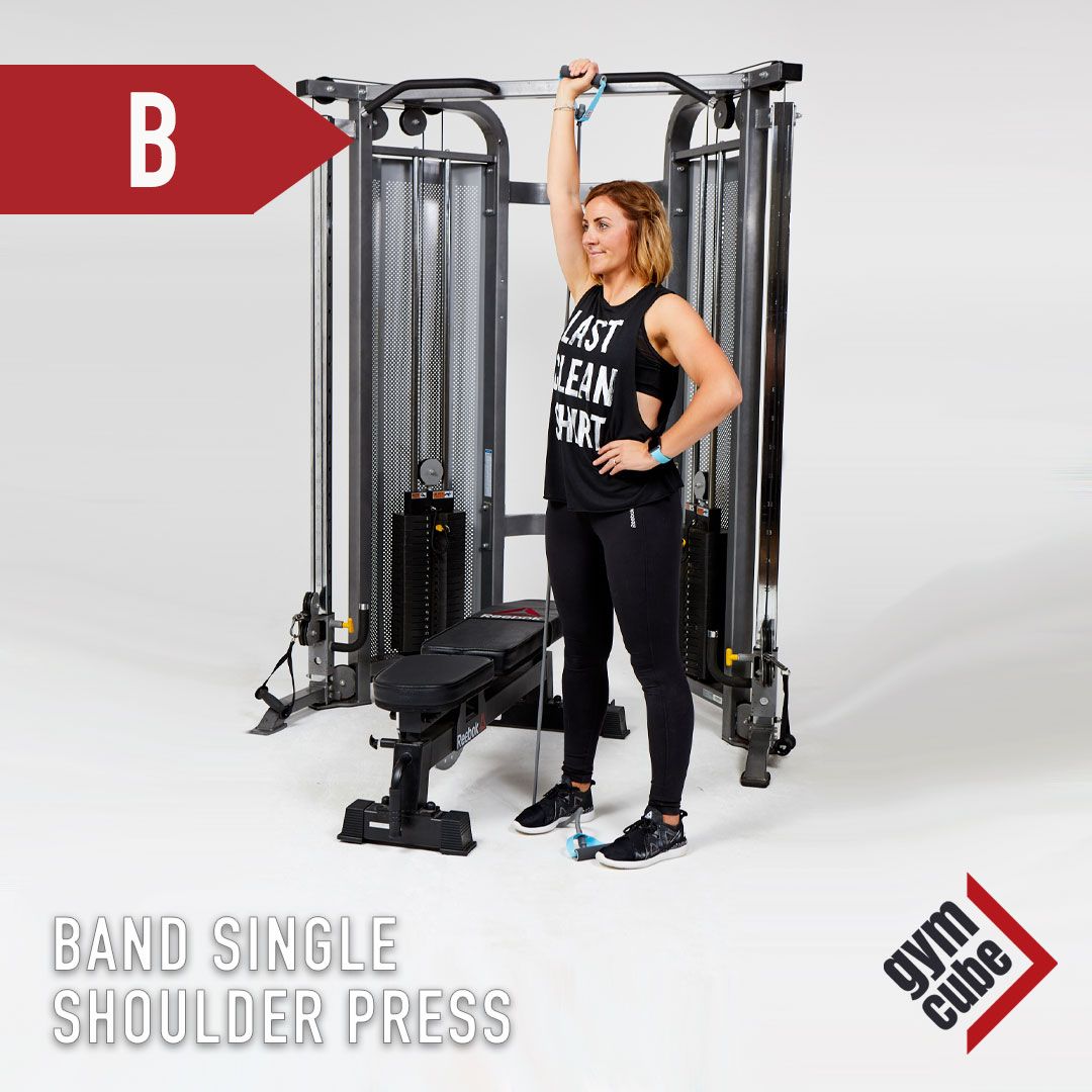 Fit Tip - Band Single Shoulder Press

Step 1 Stand on band with one foot and hold opposite end with an upward, extended arm.
Step 2 Lower arm to a bent position to in line with head. 
Step 3 Perform this exercise with good control, working against the resistance of the band.