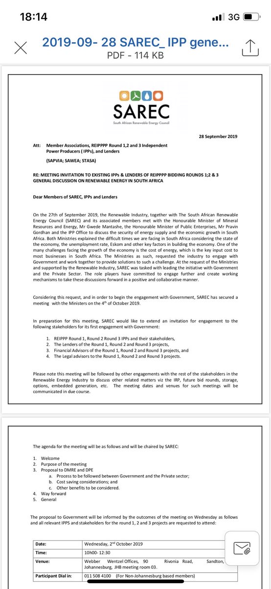 SAREC_ZA's tweet photo. An invite from SAREC to all bid window 1,2 and 3 REIPPPP IPPs. This is to engage and put together a proposal for the DMRE @GwedeMantashe1 and DPE @DPE_ZA on how we can contribute to reviving the economy &amp; security of supply. @STASA_Energy @SAPVIA @_sawea  @Eskom_SA @BEPA_SA https://t.co/AOEh8uDzJn