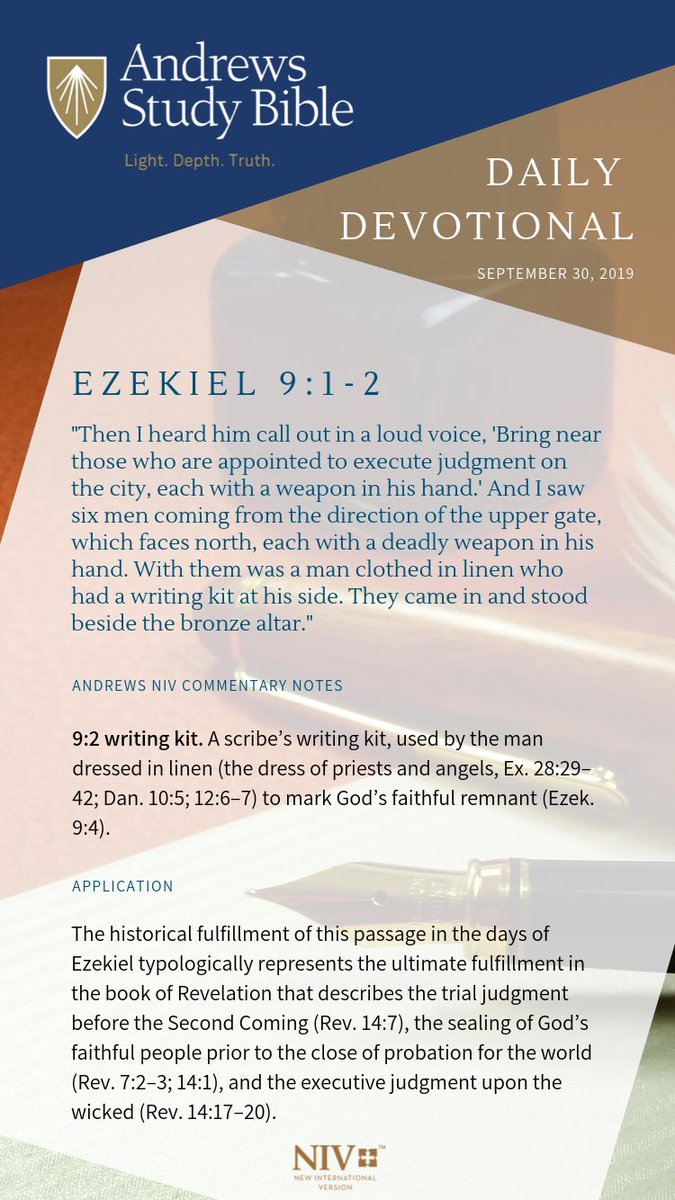 AndrewsBible's tweet photo. Monday devotional from Ezekiel 9:1-2
#MotivationMonday #devotional #Ezekiel #andrewsstudybible #asbdevotional #dailydevotional #niv #newinternationalversion #nivbible #bible #lightdepthtruth #andrewsuniversity #andrewsuniversitypress #adventist #adventistchurch #sda #sdachurch https://t.co/oVCuwLL7pD