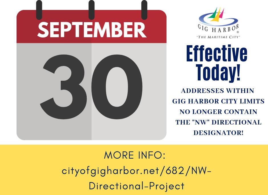 Effective TODAY, addresses in Gig Harbor city limits no longer contain the “NW” directional designator. These modifications ensure the continuation of providing
citizens with the highest and most defined level of safety available. Info here: cityofgigharbor.net/682/NW-Directi… #gigharbor