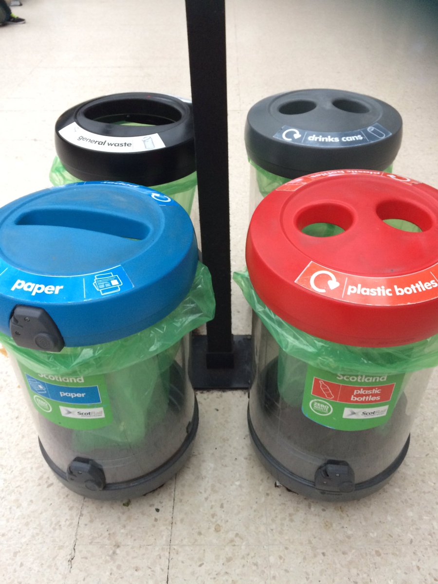 OrrKyla's tweet photo. I just watched  @scotrail staff empty contents of ALL these so called ‘recycling’ bins into ONE bag 😱 including general waste.  Why separate our rubbish in the first place? So infuriating and saddening @NetworkRailSCOT Pure and depressing  ‘greenwashing’ 😔 https://t.co/qfZR01oJ2e