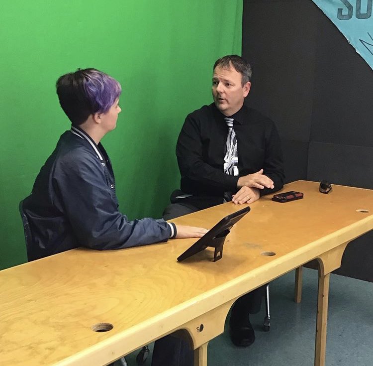 SHSArtTeach's tweet photo. Kylie Bowden, a journalist for the @TheSHSNewsNest, interviewing our superintendent @CheezSupe about Ed Tech’s move to Southside. #studentreporting #highschooljournalism https://t.co/dZ95TPZAPT