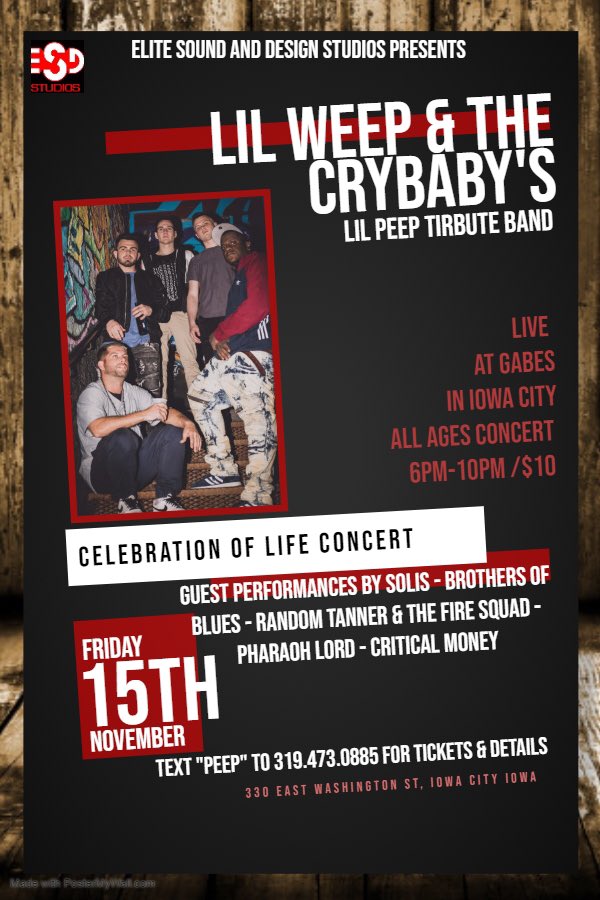 PromoNationwide's tweet photo. 💥 Just Announced 💥
🔥 Lil Weep & The Crybaby’s Live November 15th at Gabes in Iowa City, Iowa 🔥
🔑 Text "Peep" to 319.473.0885 for tickets & more details 🔑
🎟 Tickets available now at https://t.co/lRTi7ypXY8 🎟
#IowaCity #iowa #lilpeep #restinpeep #longlivelilpeep https://t.co/LjylhhFy27