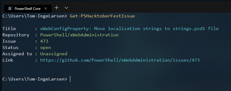 ti83's tweet image. Now with Get-PSHacktoberFestIssue thanks to @BrettMiller_IT! @hacktoberfest 

Install-Module Get-PSGoodFirstIssue -Scope CurrentUser