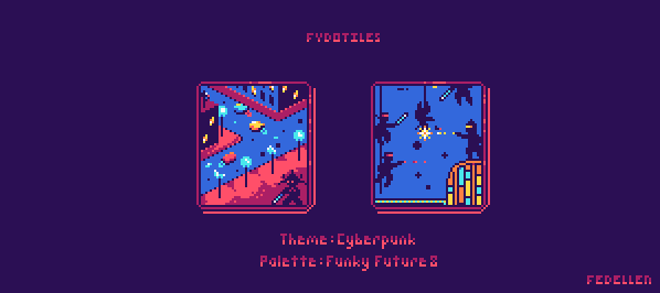 fedellen's tweet photo. here were my 2 tiles for our @PixelPajamas Cyberpunk Quilt. it was super fun to use @Shamaboy11's #FunkyFuture8 palette for our quilt. looking forward to trying the 16 color version.

see the full quilt here: https://t.co/KgLmq9gp1t

#pixelart #fydoTiles #pixelartist #ドット絵 https://t.co/iAlOIX1KFG