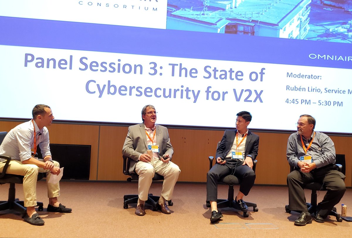 OmniAirCon's tweet photo. The @OmniAirCon #EuropeanPlugfest Policy Conference rounds out the day with interesting & informative discussion on the State of #Cybersecurity for #V2X with industry experts from @DEKRA_Test_Cert, @BlackBerry, @pentasecsystems, & #INTEGRITYSecurityServices. https://t.co/bwmvSDlKFC