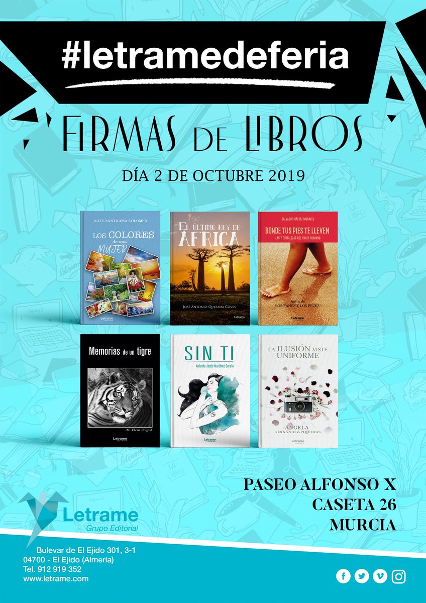 JAQuesadaCoves's tweet image. Esta semana estaré varios días firmando ejemplares en la #ferialibroMurcia. El miércoles 2 de octubre estaré en la caseta 26, de mi editorial, #letrame, junto a otros autores y autoras. Yo firmaré de 17h-19h #ElúltimoreydeÁfrica. Os esperamos.