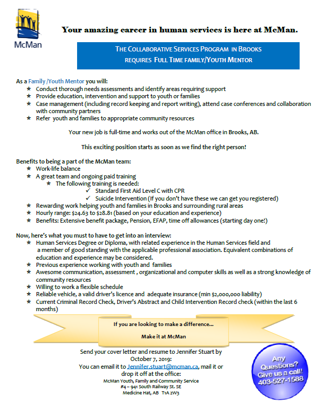 We're looking for a part-time Youth Worker to join our team at the Inn Between &amp; a full-time Family/Youth Mentor to join our Collaborative Services team in Brooks! Check out the postings here or at our website mcmansouth.ca/jobs.html