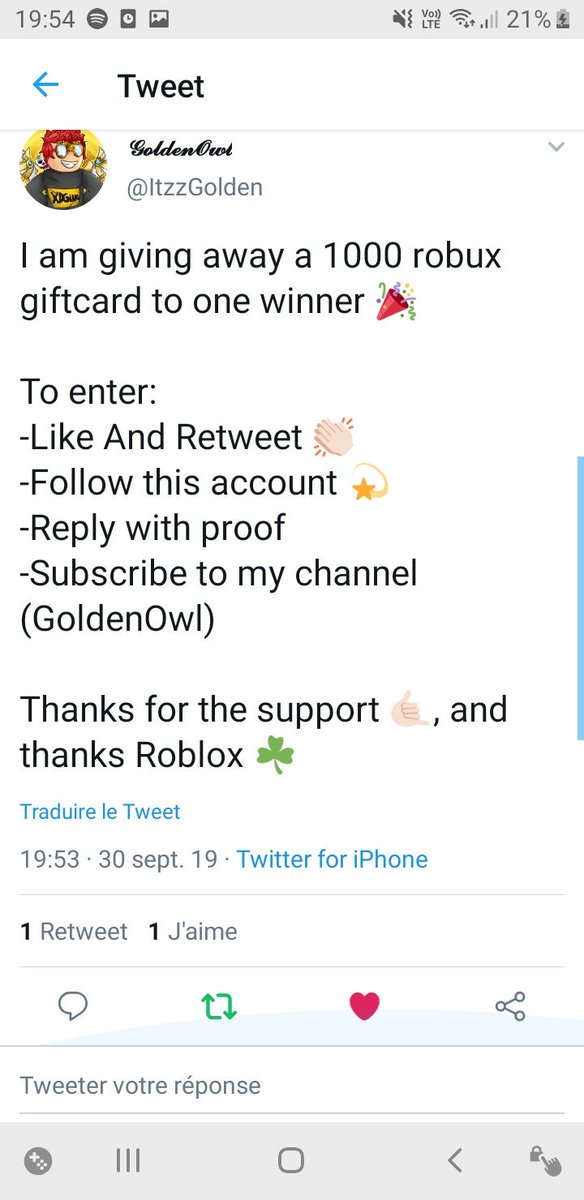 Lil Goldy On Twitter I Am Giving Away A 1000 Robux Giftcard To One Winner To Enter Like And Retweet Follow This Account Reply With Proof Subscribe To - give me a 1000 robux on my roblox account