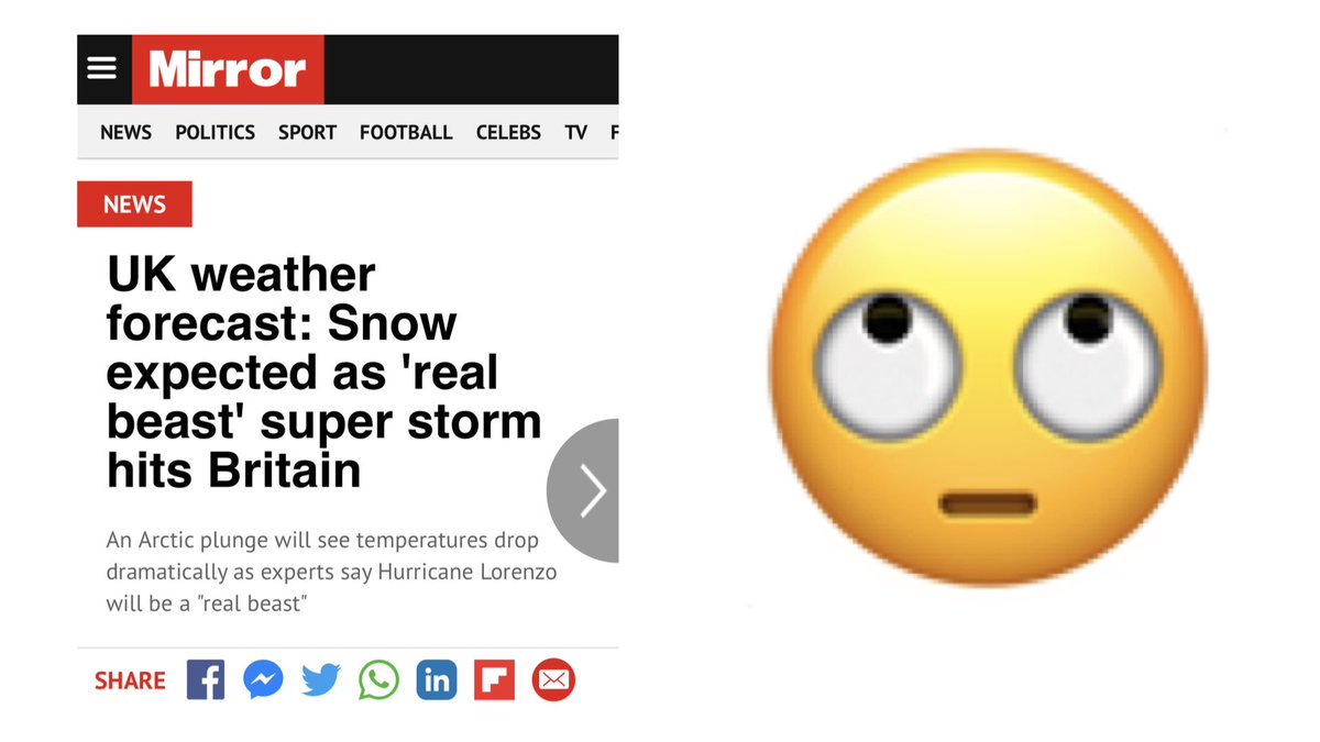I often wonder if these headlines are written by seven-year-olds...

THE REALITY
- any snow will be over Scottish mountain tops that barely anyone will see
- no one knows exactly where remnants of Hurricane Lorzeno will end up yet
- no mention of uncertainty at all
