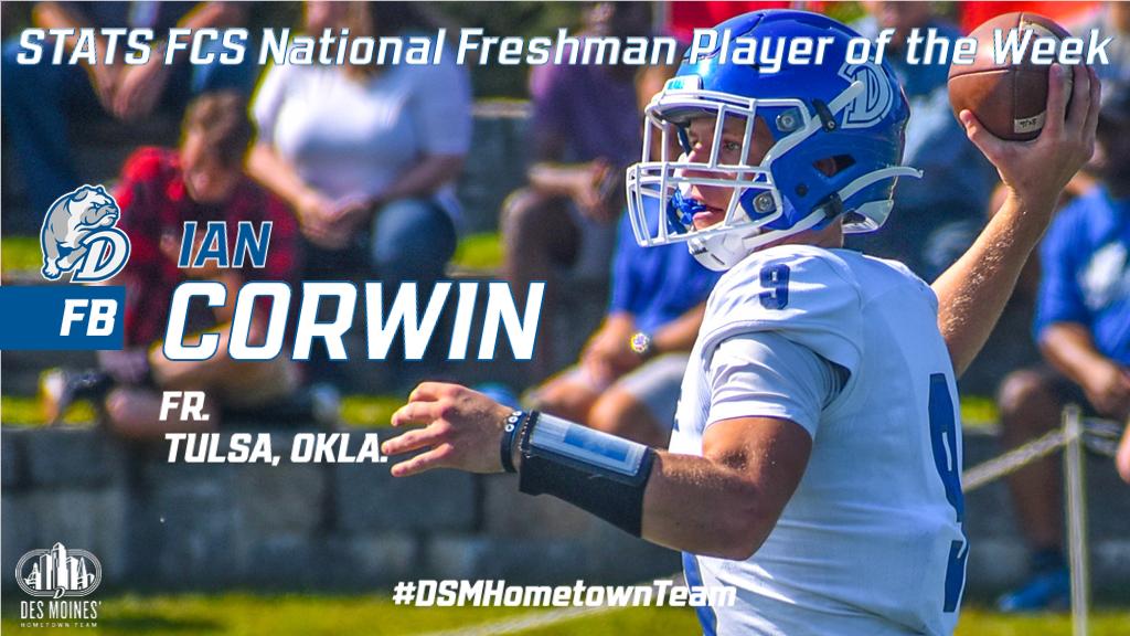 Corwin named @FCS_STATS National Freshman Player of the Week

📰 ➡️ bit.ly/2n03wjG

#GameChangers // #ChangeTheGame // #DSMHometownTeam