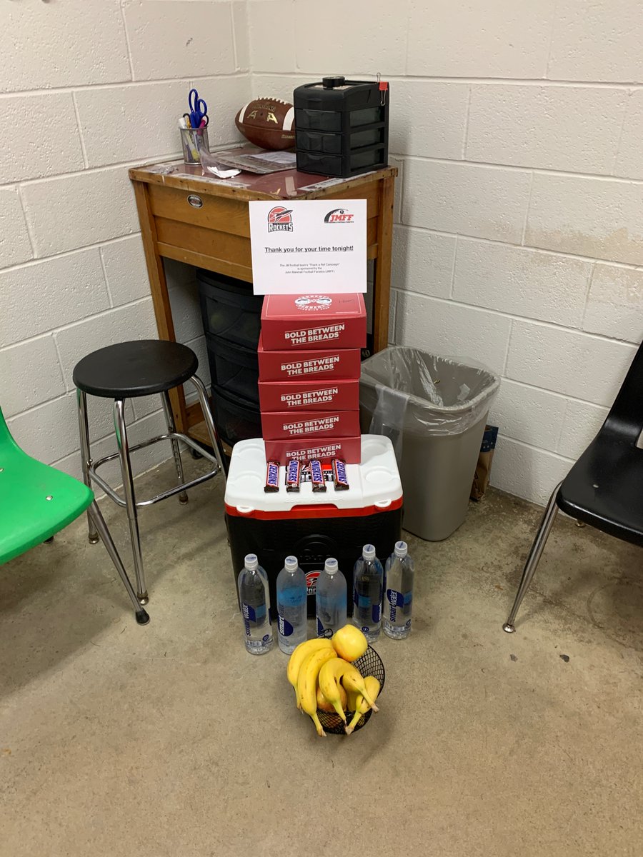 JohnMarshallFF's tweet photo. John Marshall Football would like to thank this fine officiating crew for working our game last Friday night against New Prague.  Thank you for your dedication!  And take a look at the goodies we provided for halftime!
@RAOAMN 
@MSHSL_Officials
@MSHSLjohn
@JMRocketFB 
 #ThankARef https://t.co/9c5oQ2i1Hy