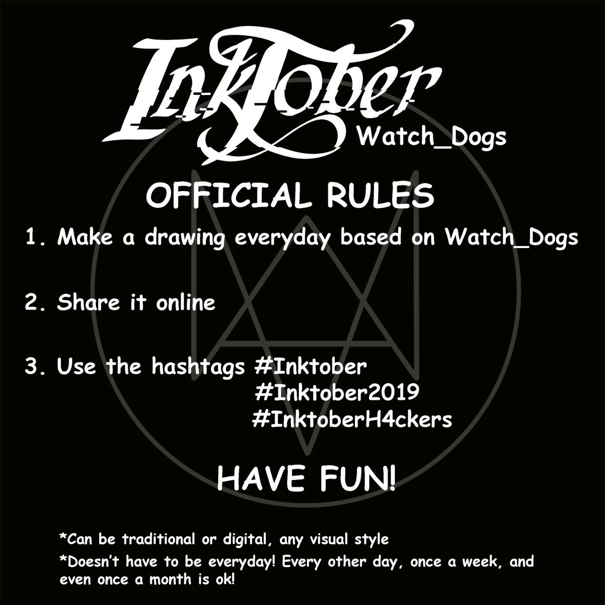 creslightning's tweet photo. Hey #WatchDogs fam!

If you're interested, I created some Watch_Dogs Inktober prompts for 2019!

Each day I'll share art with the hashtag #InktoberH4ckers! https://t.co/zFG2upHxLB