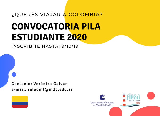 Relaciones Internacionales UNMdP (@relacintunmdp) on Twitter photo BECAS PILA ESTUDIANTE 2020 - COLOMBIA. Vence: 09/10/19, 12:00 hs. Convocatoria: cort.as/-RsQU
Contacto: relacint@mdp.edu.ar BECAS PILA ESTUDIANTE 2020 - COLOMBIA. Vence: 09/10/19, 12:00 hs. Convocatoria: cort.as/-RsQU
Contacto: relacint@mdp.edu.ar