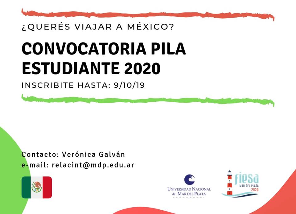 Relaciones Internacionales UNMdP (@relacintunmdp) on Twitter photo BECAS PILA ESTUDIANTE 2020 - MÉXICO. Vence: 09/10/19, 12:00 hs. Convocatoria: cort.as/-RsQU
Contacto: relacint@mdp.edu.ar BECAS PILA ESTUDIANTE 2020 - MÉXICO. Vence: 09/10/19, 12:00 hs. Convocatoria: cort.as/-RsQU
Contacto: relacint@mdp.edu.ar