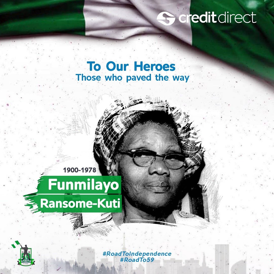 creditdirectltd's tweet photo. Celebrating our Heroes..  Mrs Funmilayo Ransom-Kuti

25 October 1900 – 13 April 1978), otherwise known as Funmilayo Anikulapo-Kuti, was a teacher, political campaigner, female activist and traditional aristocrat in Nigeria. She served with distinction
 #roadto59 https://t.co/fSxGNTr5Z7