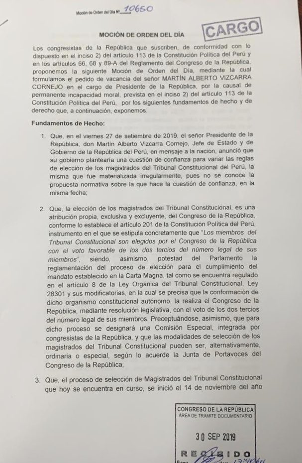 Pleno del Congreso pone a debate moción de vacancia del presidente Martín Vizcarra por violar la Constitución y romper el orden democrático