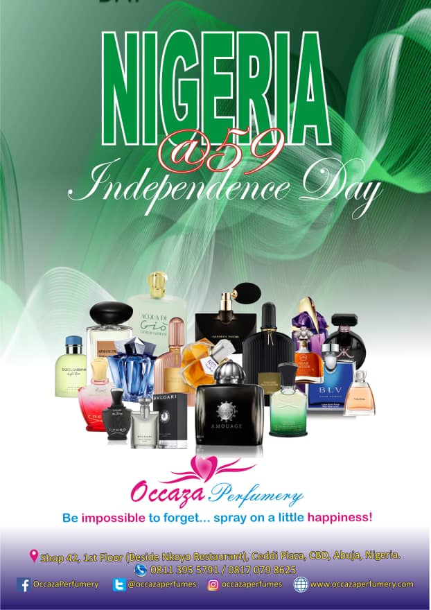 occazaperfumes's tweet photo. From all of us... we say,
Nigeria will prevail.

God bless the Federal Republic of Nigeria! 

#ProudlyNigerian #happyindependenceday #NigeriaAt59 @DrJoeAbah https://t.co/BAXBSzgtyB