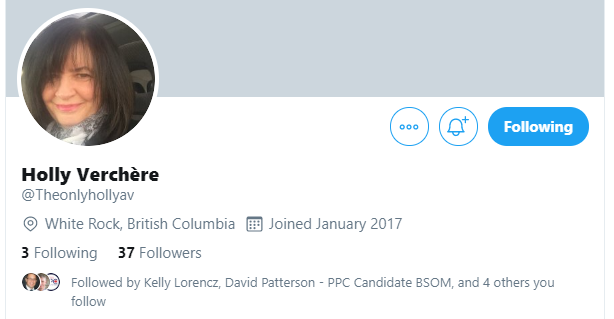 ppclists's tweet photo. We have just added the Twitter account for:
Nous venons d’ajouter le compte Twitter de:

Holly Verchère
@Theonlyhollyav
Surrey-Newton, BC

to these lists: / à ces listes:
2019 Candidates: https://t.co/HqntTfIfSt
BC EDAs: https://t.co/ck9FsSxEbr https://t.co/R2HAIej7St