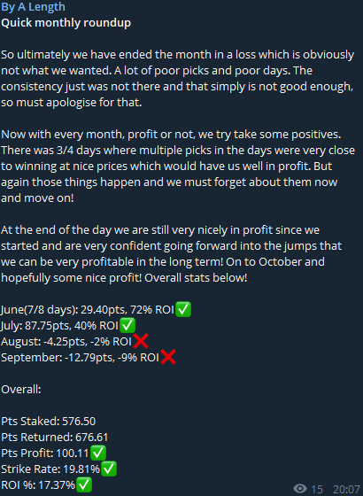 ByALengthTips's tweet image. Monthly roundup below as posted in telegram. A bit quiet on here towards the end of the month but will be back to posting stats on here from now on. Most importantly, onto October, the jumps season and hopefully some big profits!