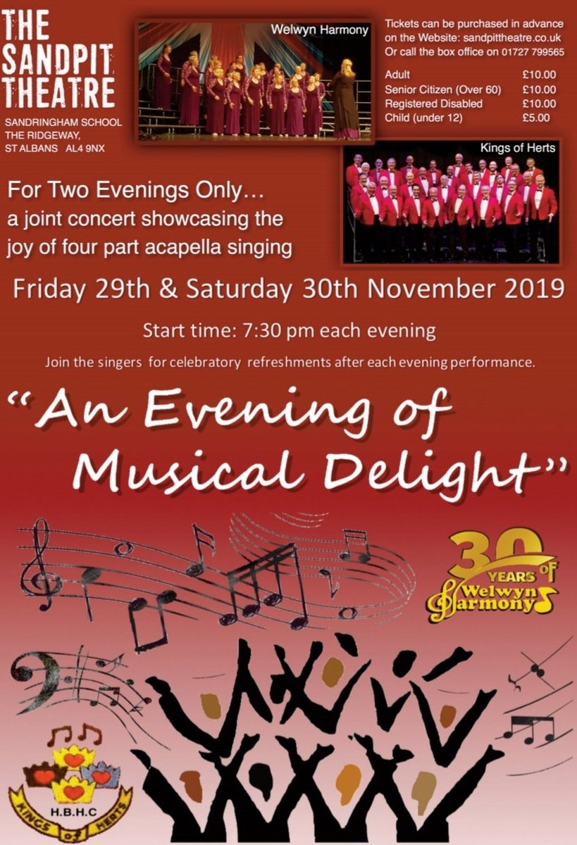 WelwynHarmony's tweet photo. Looking for some entertainment as the winter evenings draw in? 🎶
We are putting on a #concert of #acapella singing with @singBABS chorus #KingsofHerts November 2019 - book your tickets now via: https://t.co/FVaOQAmRXL
@SingLABBS @SandPitTheatre #show #theatre #whatson #stalbans https://t.co/zRHF6ub4cb