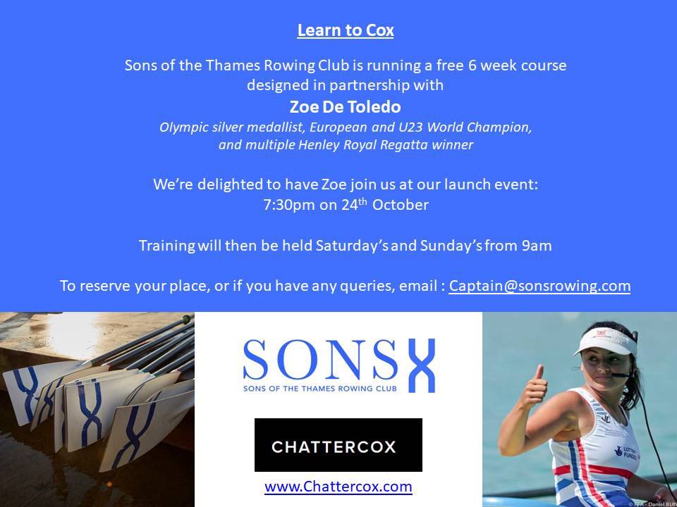 SonsRowing's tweet photo. Excited to announce the @SonsRowing learn to cox programme, designed in partnership with @zoedetoledo  @chattercox1 To sign up, email: captain@sonsrowing.com #CoxLife #CoxwainAppreciation #RowingBoss https://t.co/f5fHCGWjN2