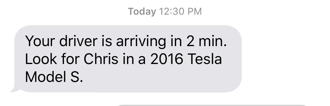 Your driver is arriving in 2 min. Look for Chris in a 2016 Tesla Model S.
