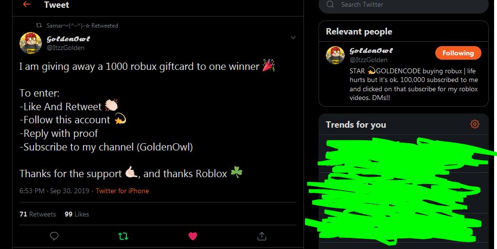 𝓖𝓸𝓵𝓭𝓮𝓷𝓞𝔀𝓵 On Twitter I Am Giving Away A 1000 Robux - landon on twitter buying 100 000 robux for roblox giveaway