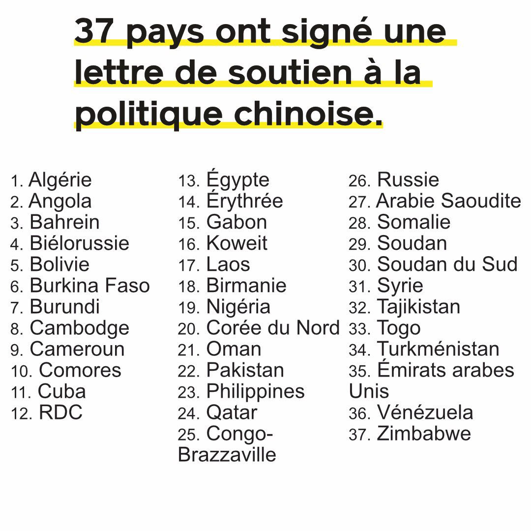 37 pays ont soutenu dans une lettre à l’ONU le parcage des musulmans ouïghours par le gouvernement chinois. Cette liste est celle de la honte. Opposons-lui la solidarité citoyenne, dans tous nos pays, avec les prisonniers de conscience du Xinjiang.