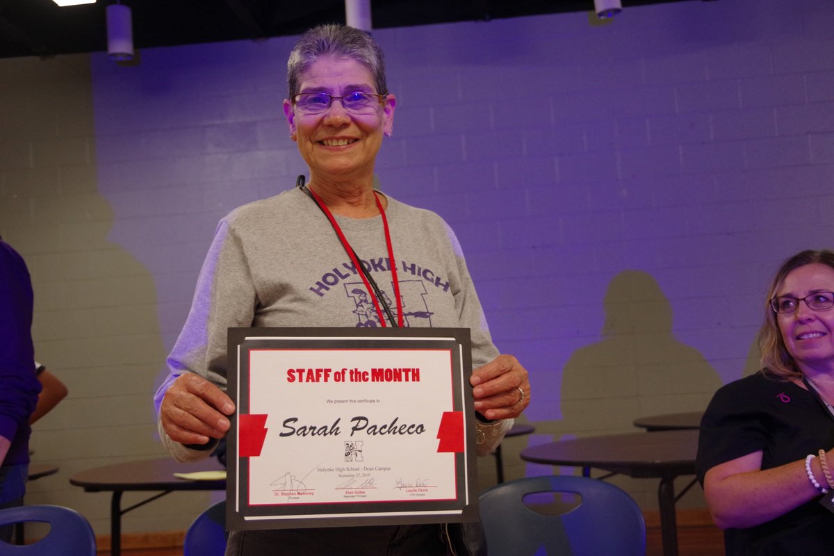 Holyoke_High's tweet photo. We're happy to announce that Sarah Pacheco was awarded the Staff of the Month at HHS Dean's Town Hall! Sarah, as a special education teacher, has dedicated so much to Dean students. She is so giving of her time and HHS is incredibly blessed to have her. https://t.co/V6152bRY0F