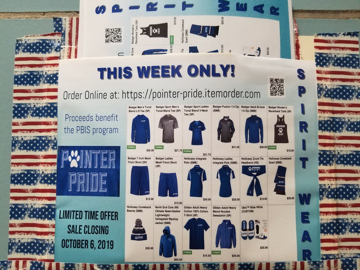 Mrs. Stack (@stackela) on Twitter photo Spirit Wear sale had to be extended <a href="/SparrowsPointMS/">Sparrows Point MS</a> Get your orders in before the FINAL closing on Sunday. Proceeds benefit our PBIS program. #PointerPride #PBIS
pointer-pride.itemorder.com Spirit Wear sale had to be extended <a href="/SparrowsPointMS/">Sparrows Point MS</a> Get your orders in before the FINAL closing on Sunday. Proceeds benefit our PBIS program. #PointerPride #PBIS
pointer-pride.itemorder.com