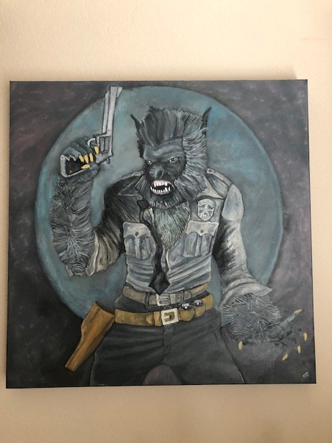 Hell YEAH. Wolf superfan J Albanis just finished this oil painting of yers' truly! Never been more proud of a deranged lunatic's violent scrawling.