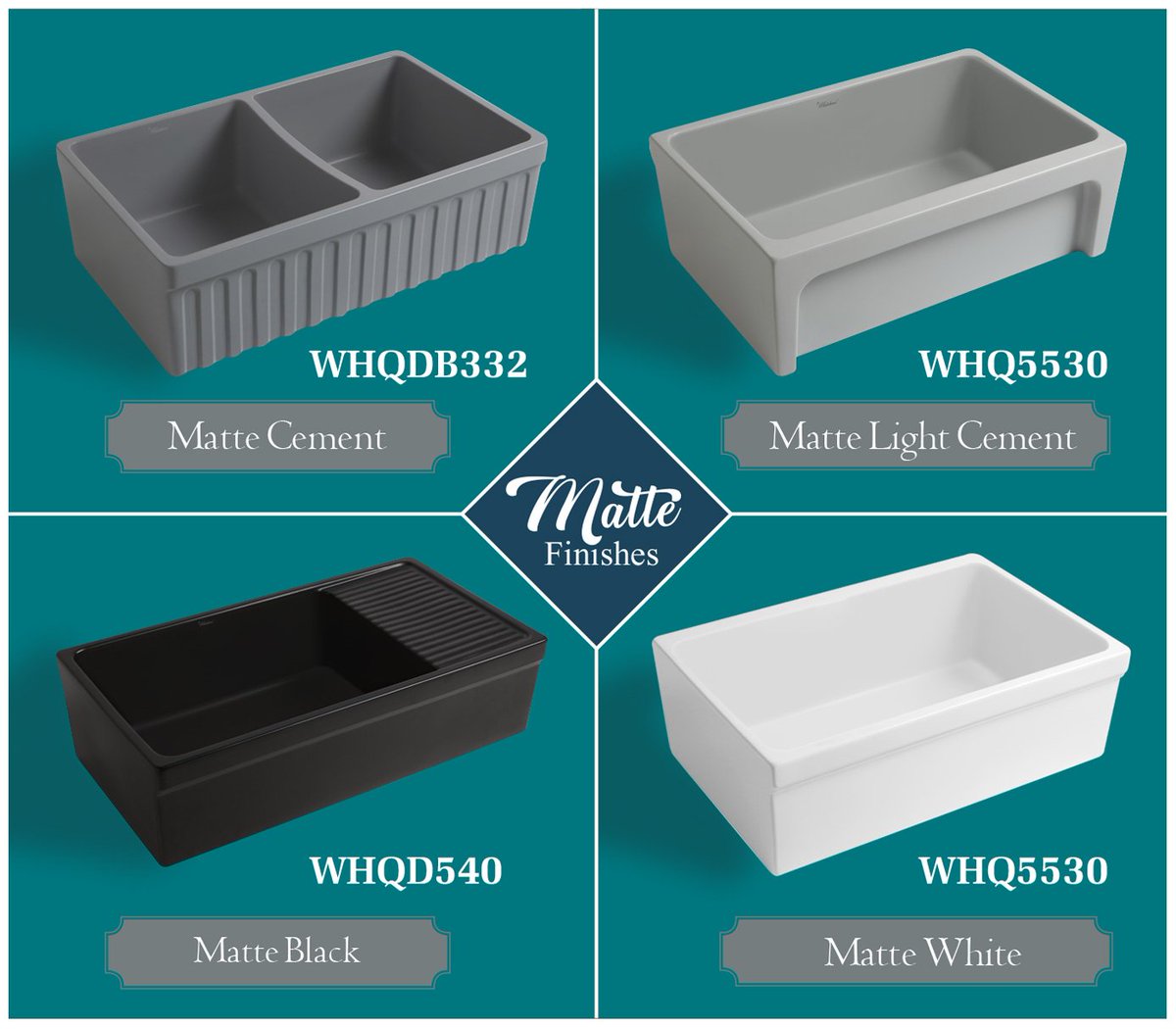 Iconic fireclay kitchen sinks in stunning Matte finishes: Matte Cement, Matte Light Cement, Matte White and Matte Black. 

The impressive Matte finish offers the superior quality Whitehaus Collection®’s fireclay kitchen sinks areknown for, without the shine of the Glossy finish.