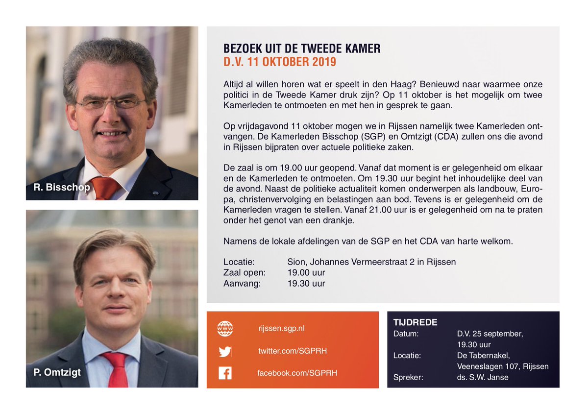 SGPRH's tweet photo. Op 11 oktober organiseren we met @CDARH een avond met Kamerleden @PieterOmtzigt en @BisschopRoelof. Praat je mee over landbouw (actueler dan ooit!), Europa, belastingen en christenvervolging? Kom 11 oktober naar Sion! 

Inloop vanaf 19:00 uur, aanvang 19:30 uur. https://t.co/4Dqf1qXkUS