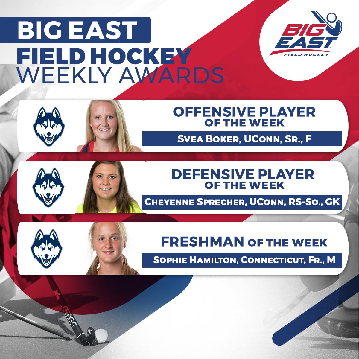 BIGEASTchamps's tweet photo. It's a straight sweep 🧹 for @UConnFHockey in this week's #BIGEASTfh awards!

The No. 3 Huskies take home all 3⃣ awards after a 2-0 week! https://t.co/whT6X86XMj