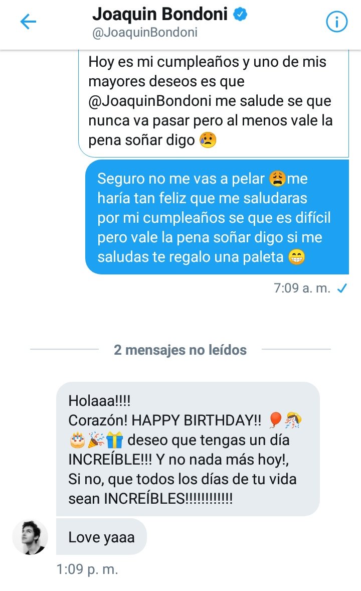 ale_joaquin1's tweet photo. Un saludo otro like difinitivamente el mejor cumpleaños de toda mi vida gracias @JoaquinBondoni https://t.co/bkyexb9WdH