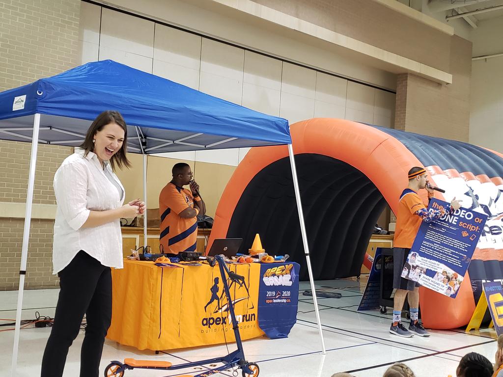 FalkTrudi's tweet photo. GAME ON....APEX ASSEMBLY today.  Getting fired up with DJ Drew, Mike n' Ike, and Vice- Principal Mrs. D!!#ccs118life  #falksbusybees https://t.co/nwf6tDOOiK