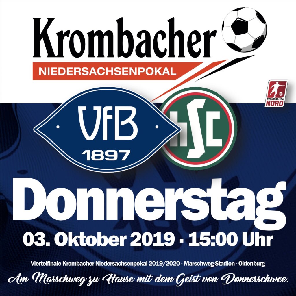 vfboldenburg's tweet photo. Schwere Aufgabe im Niedersachsenpokal gegen HSC Hannover steht am 3. Oktober an.
__________
#VfBHSC #Krombacher #Niedersachsenpokal #Viertelfinale #VfB #Oldenburg #WirSindOldenburg #GegenRassismus #Regionalliga #Marschwegstadion #forzavfb #PAUL_HEWITT #TraditionMitZukunft #⚽️ https://t.co/vJ1196JB9d