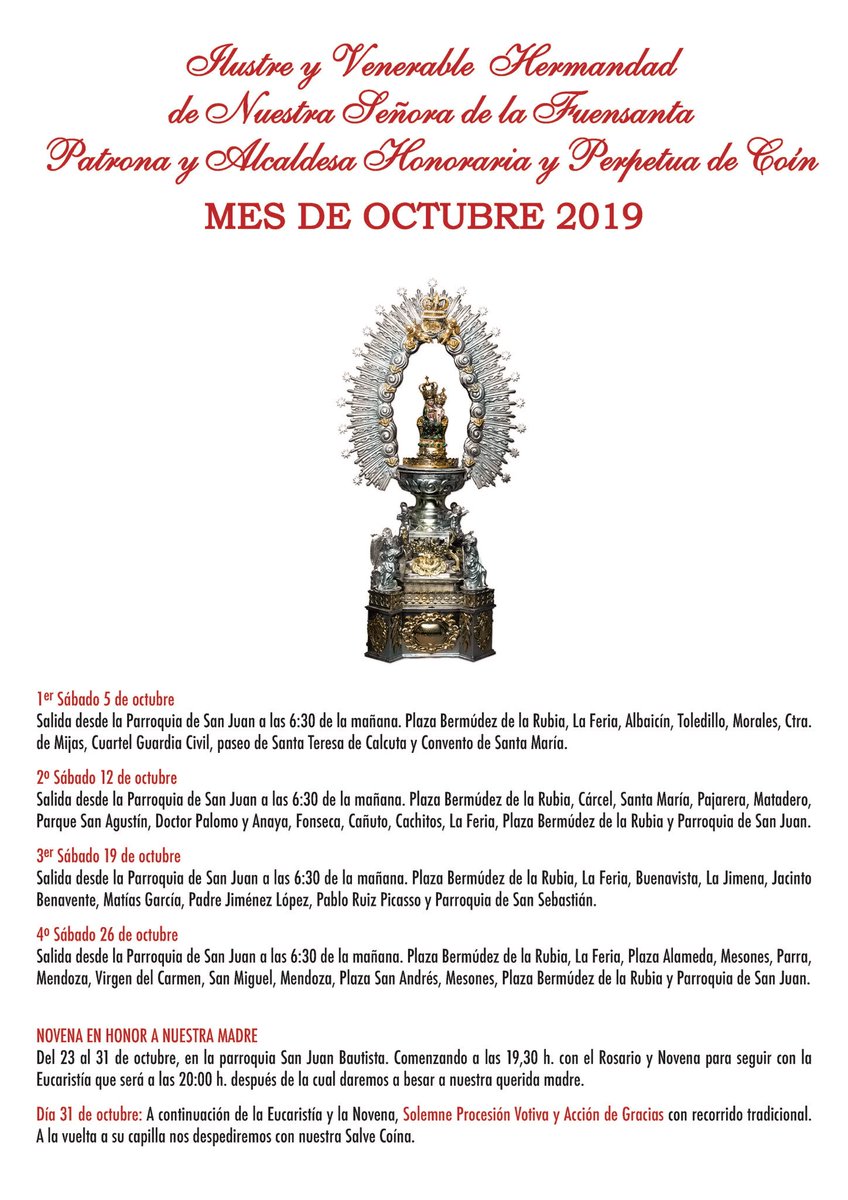Hdaddelafuensan's tweet image. 🔊Fechas y horarios de los distintos actos mes de octubre:

➡️Sábados 5-12-19-26 de octubre; Rosario de la Aurora (6:30h).

⛪️Novena en honor a Nuestra Madre (23 al 31 de octubre;19:30h).

🕯31 de octubre: (tras terminar Novena) Solemne Procesión Votiva y Acción de Gracias.