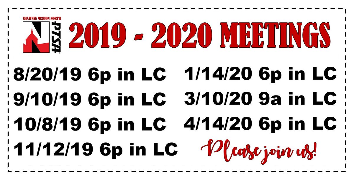 SMNorthPTSA's tweet photo. Our next PTSA meeting is Tuesday, October 8th, at 6p in the LC! See you there! #smnptsa #stayNtheknow https://t.co/YjpkJdCYib