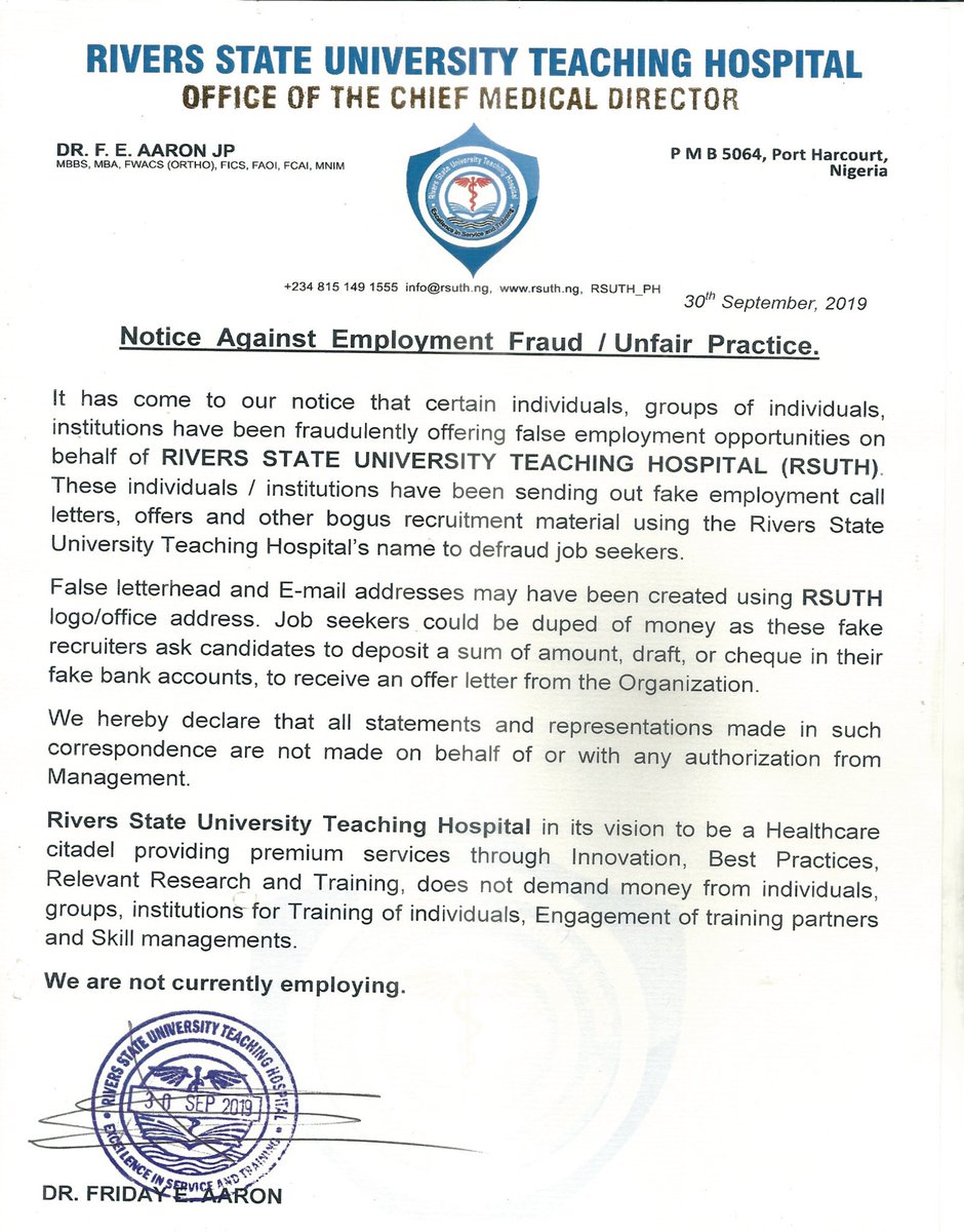 RSUTH Port Harcourt on X: “A #Warning #Notice Against #Employment