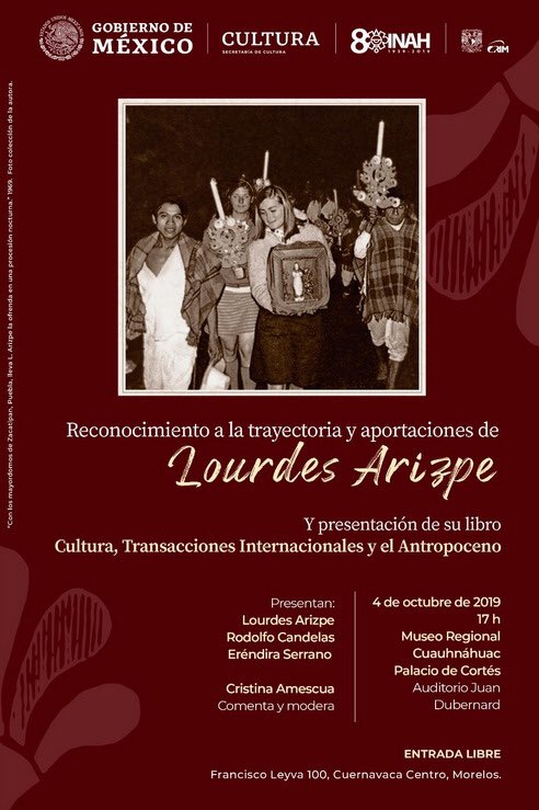 libroscrim_unam's tweet photo. Reconocimiento a la trayectoria de #LourdesArizpe y presentación de su más reciente libro. Viernes 4 de octubre. 17 h Museo Regional Cuauhnáhuac, Palacio de Cortés, Morelos. #libroscrim #cultura @MAPorrua @librosunam #multiculturalismo #antropologia #etnología https://t.co/n1P4LKmHlH